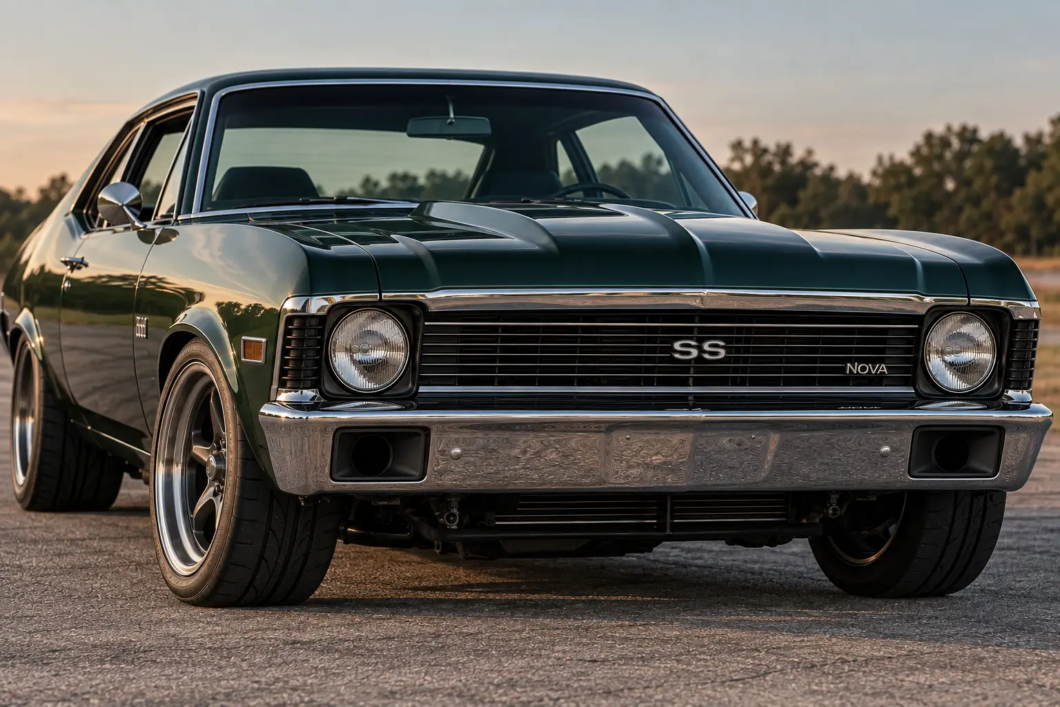Front of a 1972 Nova showing the factory bumper openings